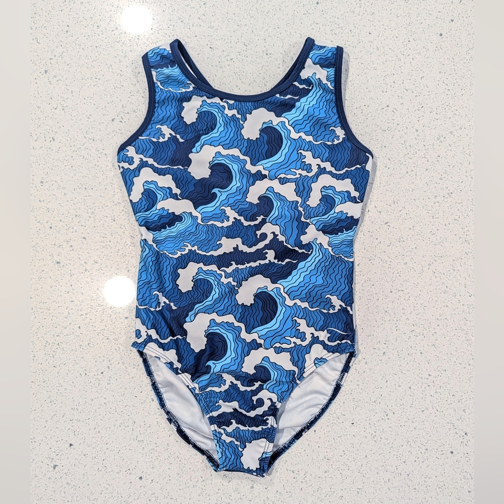 OSAKA Destira Gymnastics Dance Leotard Child Large Blue White BEACH OCEAN WAVE